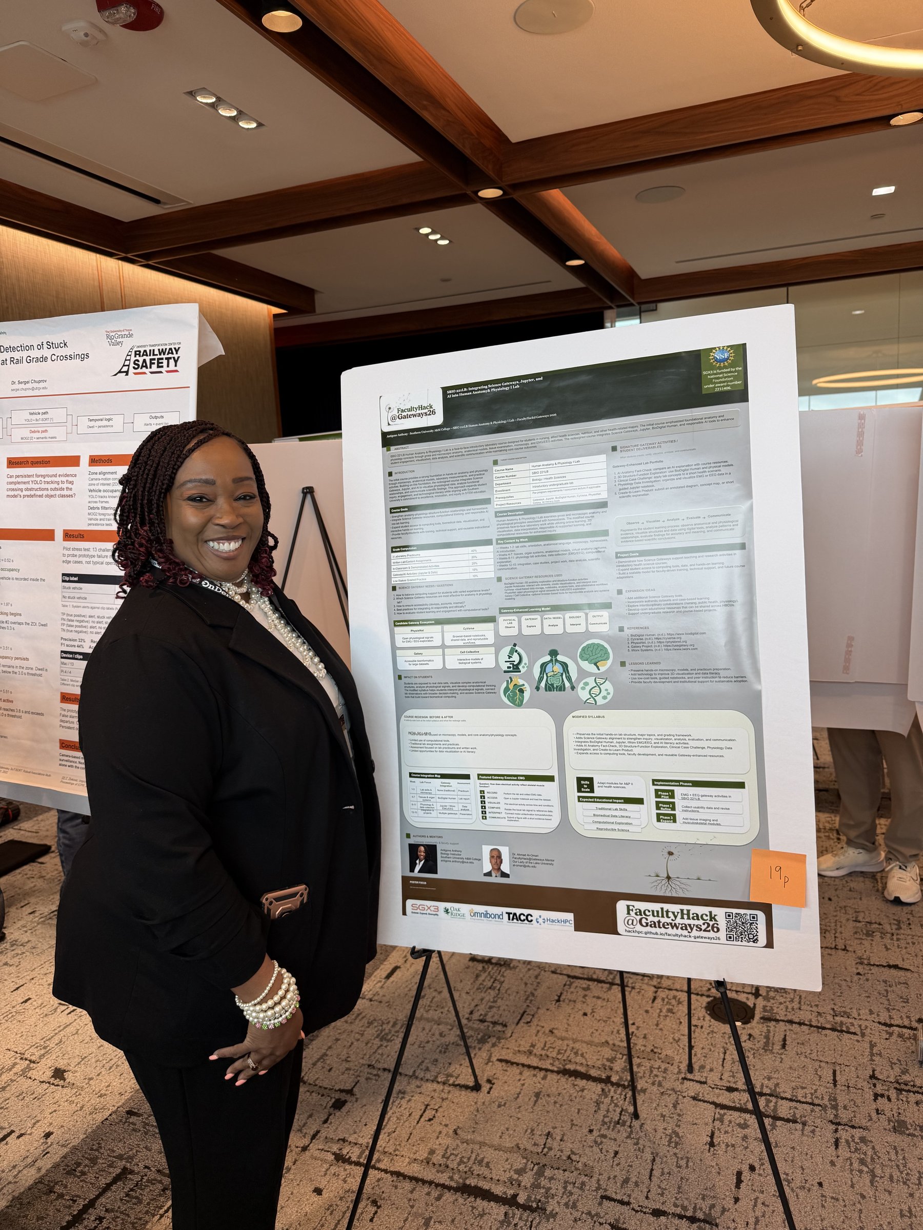 Antigone Anthony presenting her poster, "SBIO 221LB: Integrating Science Gateways, Jupyter, and AI into Human Anatomy & Physiology I Lab," at the Gateways 2026 poster session
