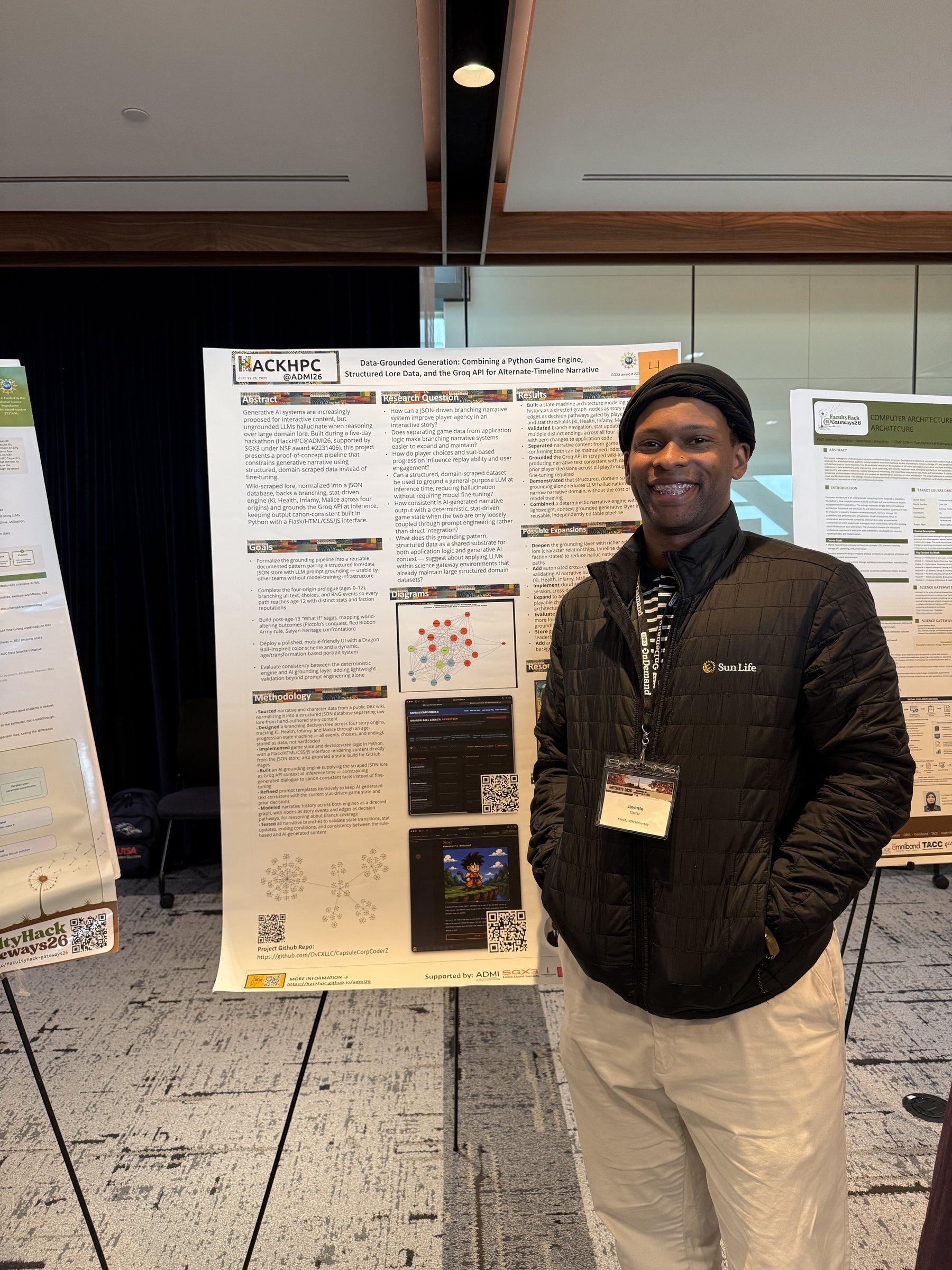 Javonte Carter presenting his HackHPC@ADMI26 poster, "Data-Grounded Generation: Combining a Python Game Engine, Structured Lore Data, and the Groq API for Alternate-Timeline Narrative"