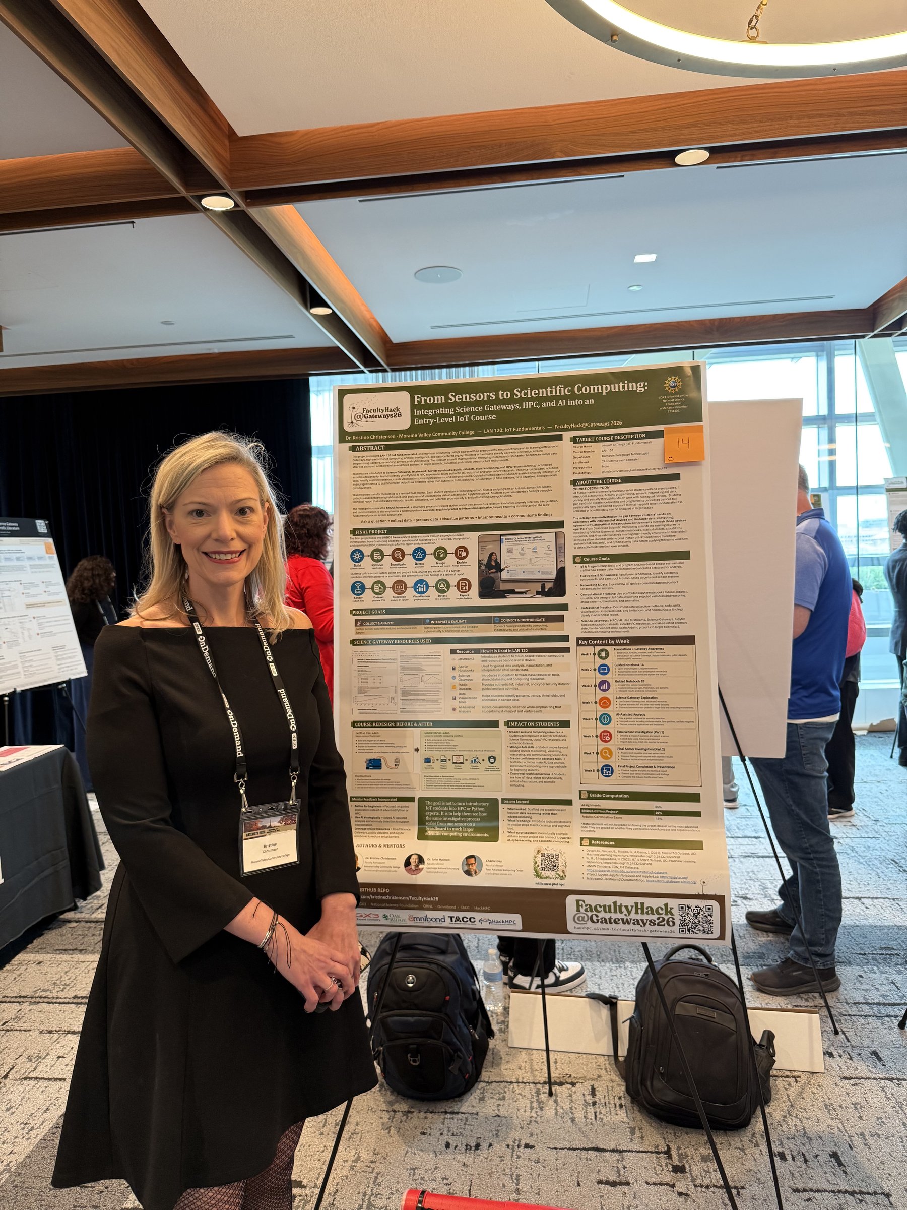 Dr. Kristine Christensen presenting her poster, "From Sensors to Scientific Computing: Integrating Science Gateways, HPC, and AI into an Entry-Level IoT Course," at the Gateways 2026 poster session