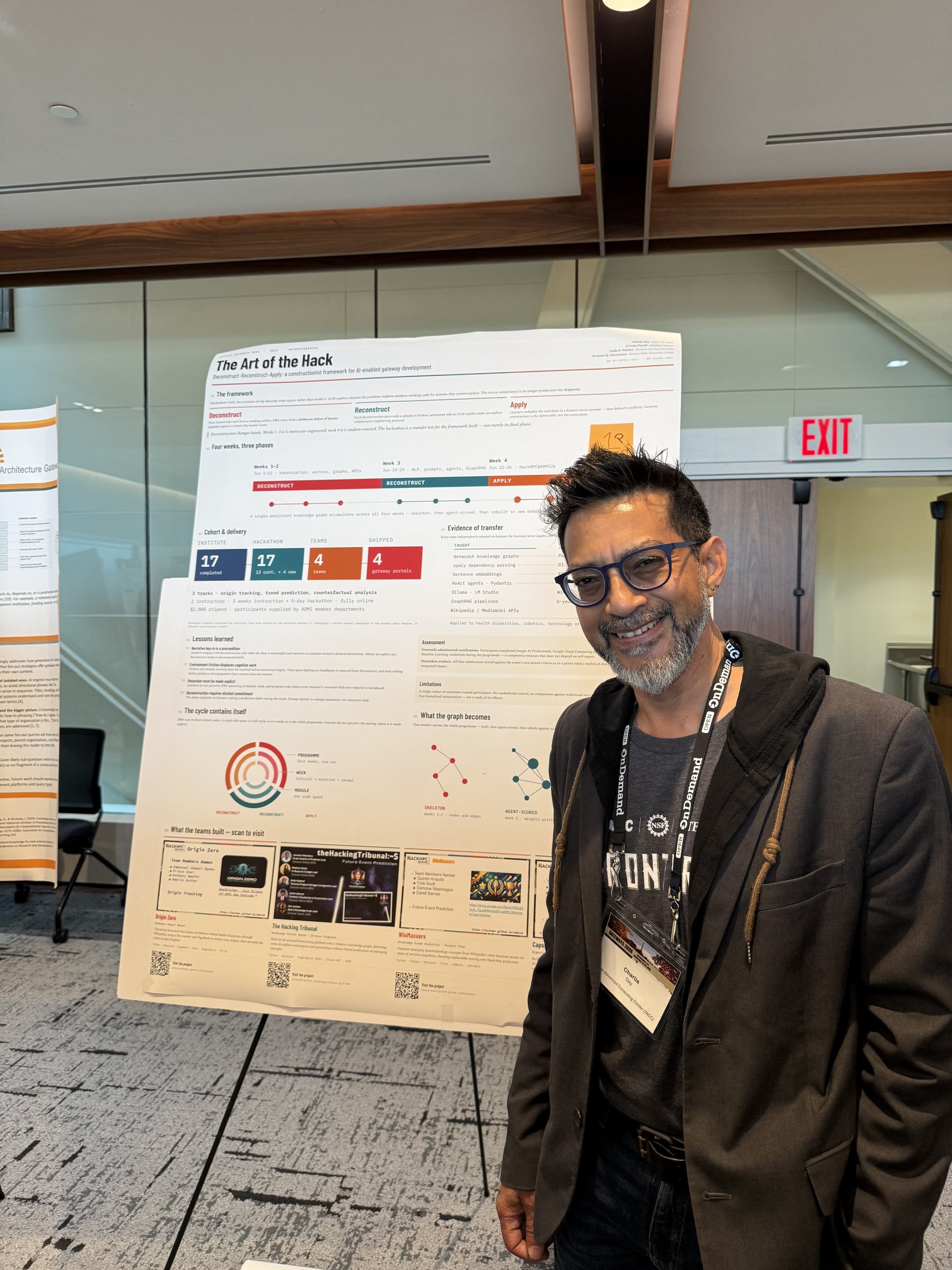 Charlie Dey presenting the "Art of the Hack" poster on the HackHPC@ADMI26 constructionist framework, at the Gateways 2026 poster session