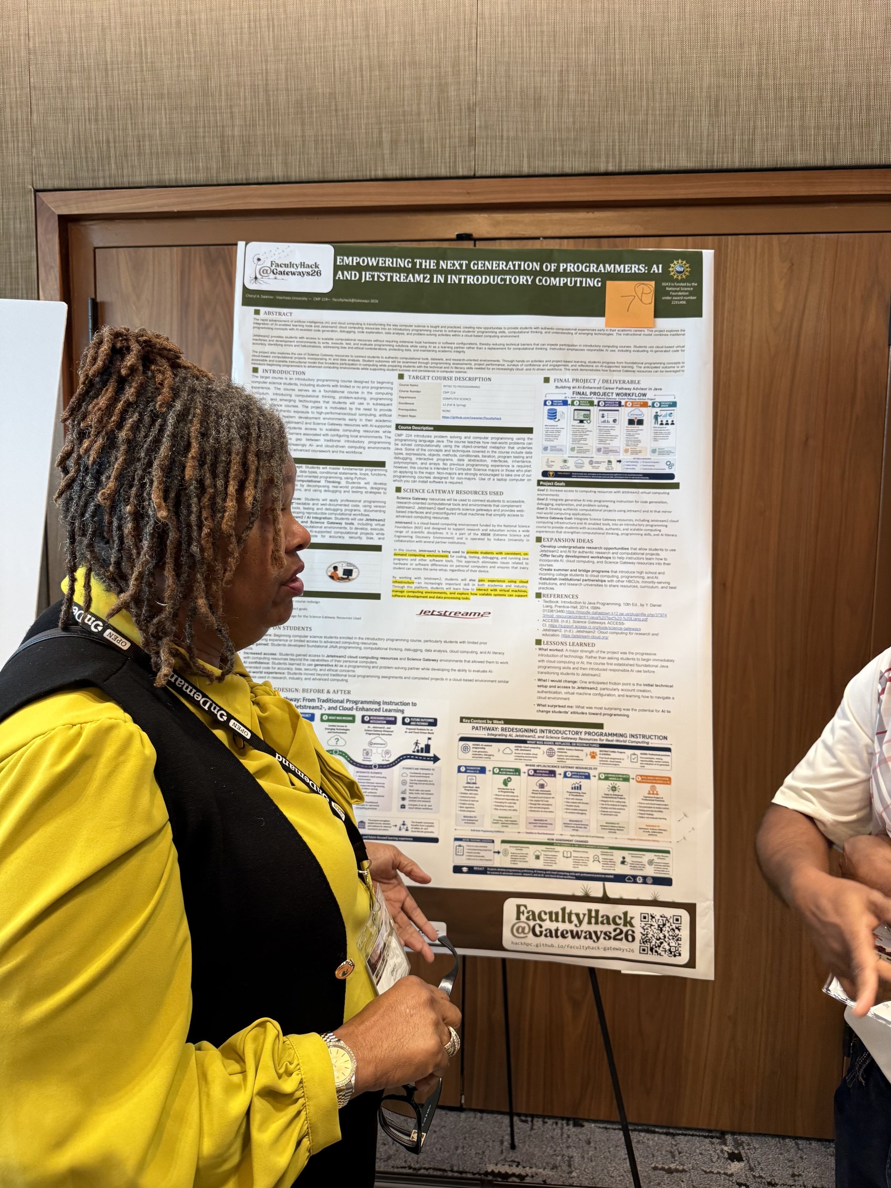 Cheryl A. Swanier presenting her poster, "Empowering the Next Generation of Programmers: AI and Jetstream2 in Introductory Computing," at the Gateways 2026 poster session