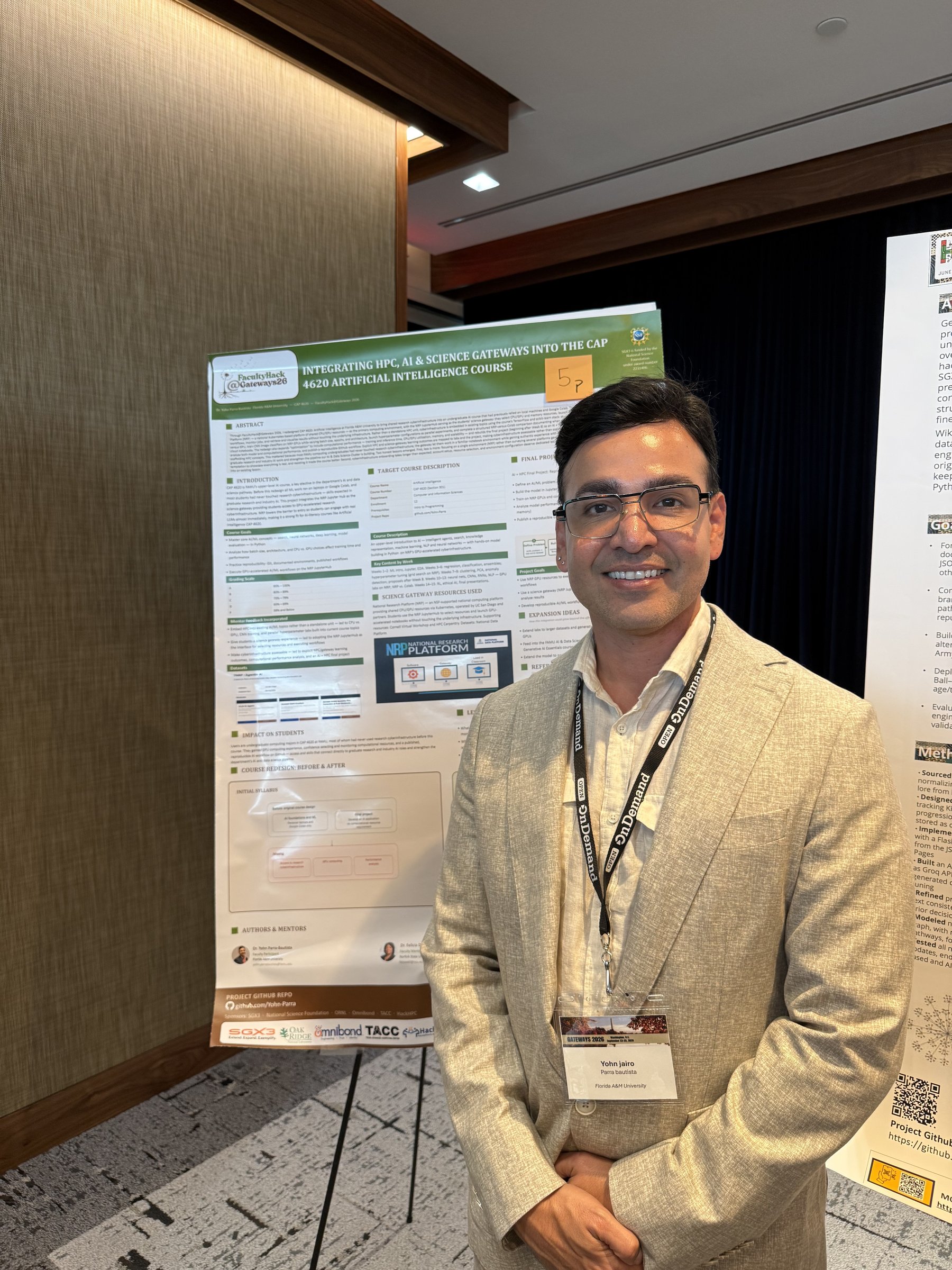 Yohn Jairo Parra Bautista presenting his poster, "Integrating HPC, AI & Science Gateways into the CAP 4620 Artificial Intelligence Course," at the Gateways 2026 poster session