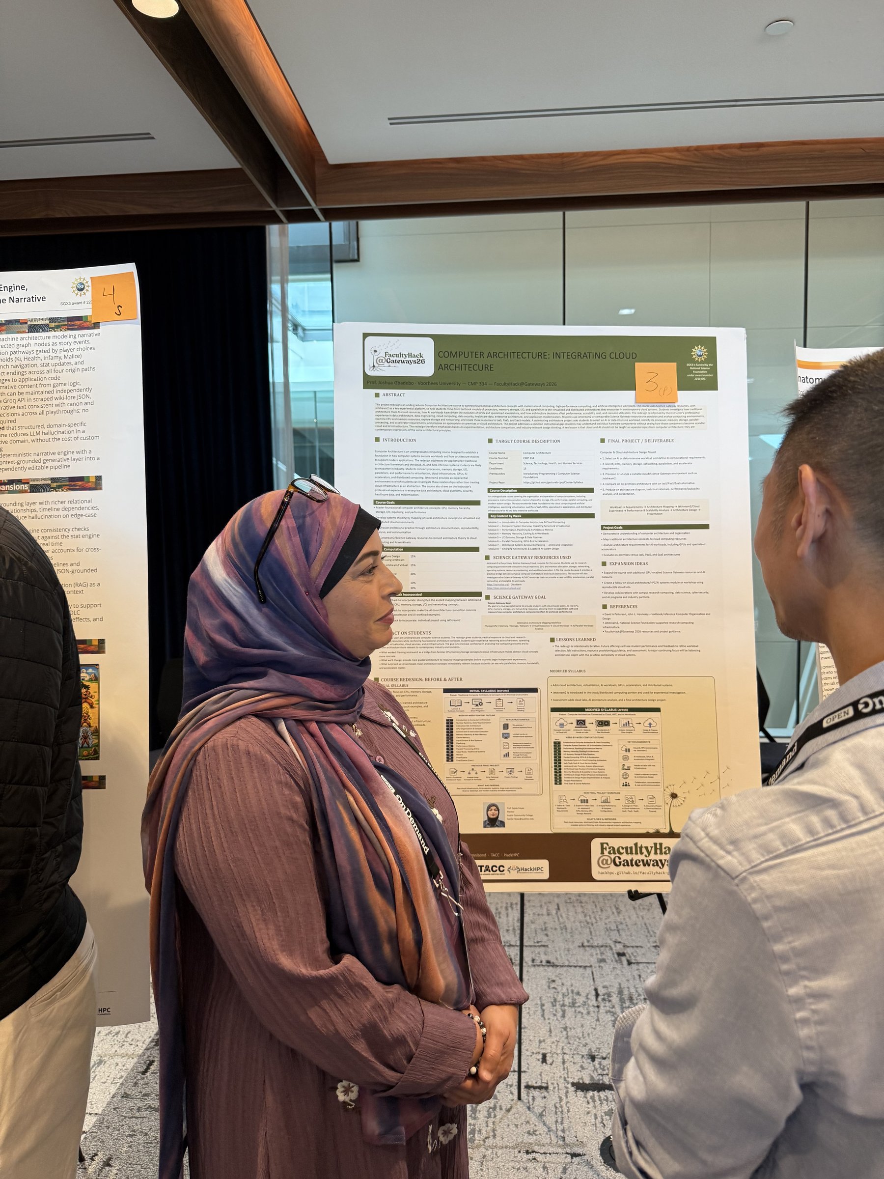 Sajida Faiyaz, faculty mentor, at Joshua Gbadebo's poster, "Computer Architecture: Integrating Cloud Architecture," at the Gateways 2026 poster session